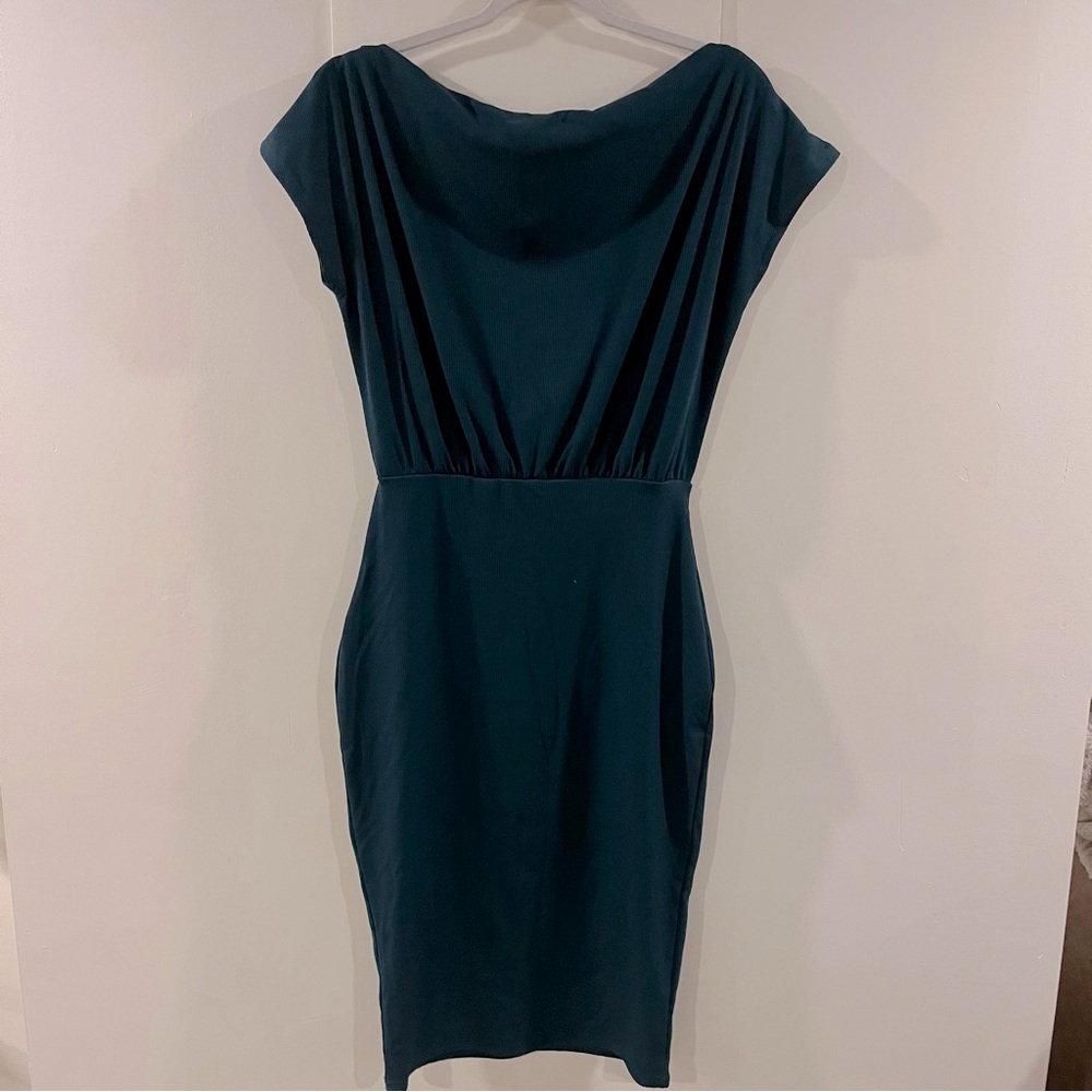 Teal midi dress with draped neck